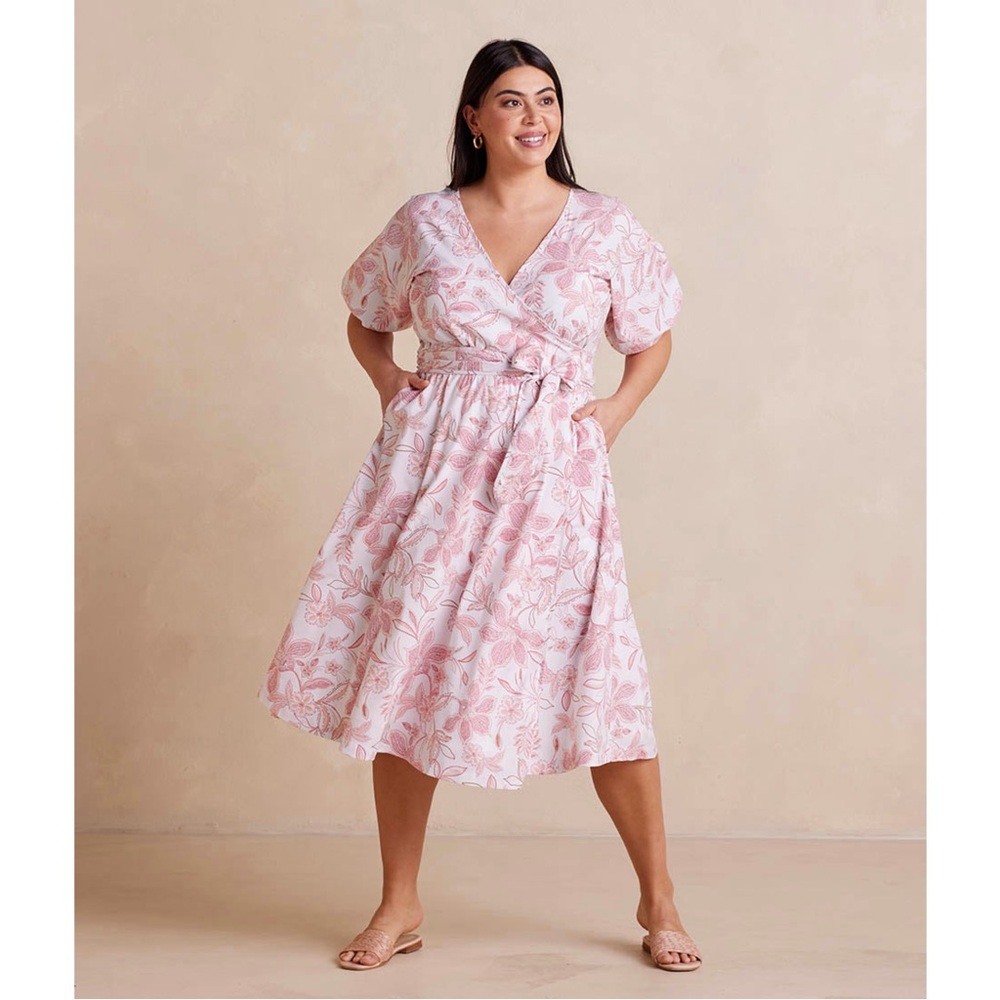 NWT Summersalt The Coastal Poplin Puff-Sleeve Wrap Midi Dress Large Batik Floral